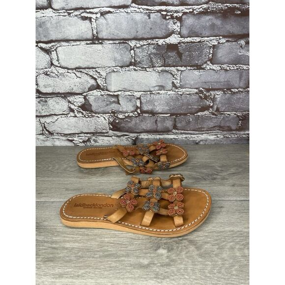 Laidback London Brown Leather Handmade Boho Floral Beaded Sandals Women 7US/38EU - Picture 8 of 16